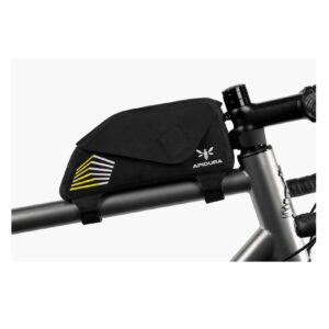 An Apidura Racing Top Tube Pack 1L is shown in a black waterproof laminate material, affixed to the stem & top tube of a bicycle