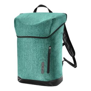 an Ortlieb Soulo magnetic closure backpack is shown in a Cascade green colourway with black trims & straps
