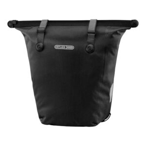 An Ortlieb Bike-Shopper pannier tote bag is shown in black waterproof material