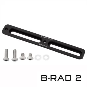 A Wolf Tooth B-RAD 2 Mounting Base is shown with a cnc section of metal for adjusting the bottle cage positions on your bike