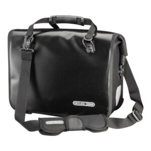 An Ortlieb Office-Bag bicycle briefcase that doubles as a waterproof pannier is shown in black waterproof material