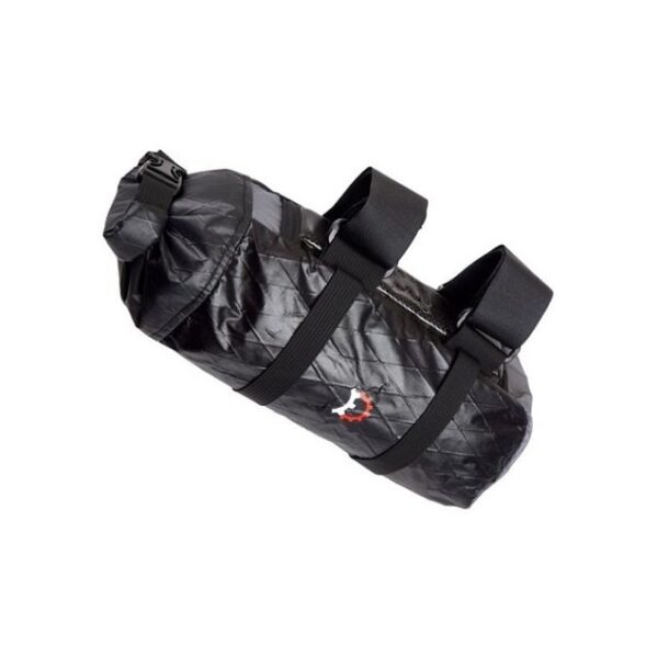 A Revelate Joey Downtube Bag is shown in a shiny black waterproof material with a roll down closure and large velcro straps allowing it to be mounted to the downtube of a bike