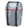 An Ortlieb Bike-Packer Original waterproof pannier is shown in a silver material with black straps & red piping