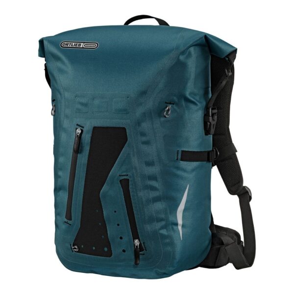 An Ortlieb Packman Pro Two waterproof hiking & cycling backpack is shown in a Petrol blue colourway