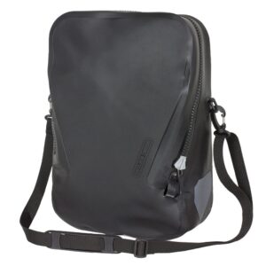 An Ortlieb Single-Bag QL3.1 messenger style bag that doubles as a pannier is shown in black PVC waterproof material with a large zipper running three sides of the bag