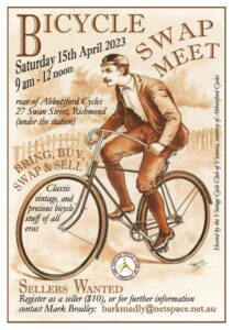 A Vintage poster style advertisement is shown for the Bicycle Swap Meet of April 2023