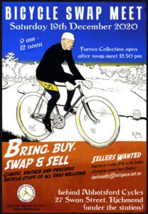 A vintage style poster is shown advertising the bicycle swap meet of December 2020