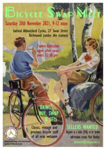 A vintage style poster is shown advertising the Bicycle Swap Meet of November 2021