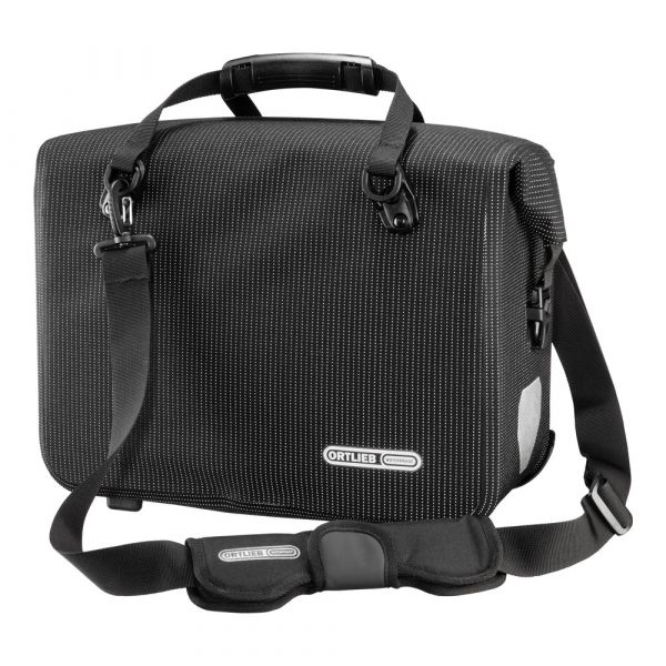 An Ortlieb Office-Bag High Visibility which is a bicycle briefcase that doubles as a pannier is shown in black waterproof material with a luminous yarn woven in the black fabric