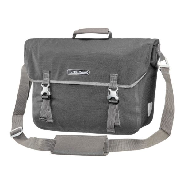 An Ortlieb Commuter-Bag Two Urban bicycle briefcase that doubles as a pannier is shown in pepper grey waterproof material