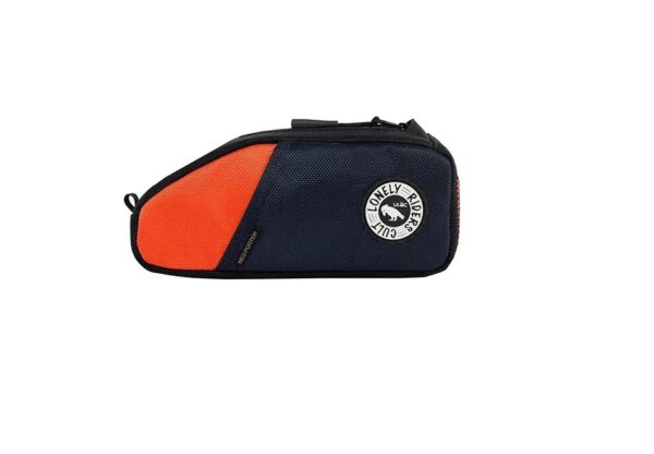 A ULAC Nomadpak Top Tube 1.2L bag is shown in a navy & orange colourway shaped to suit mounting on any bike with a top tube!