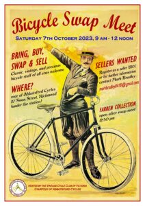 A vintage banner is shown with the details of the Bicycle Swap Meet printed on it