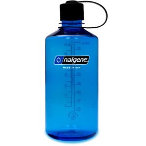 A Nalgene Narrow Mouth Sustain Water Bottle 1L is shown in slate blue transparent plastic with a black cap