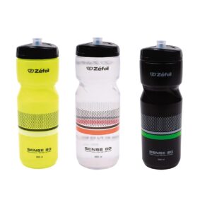A group of 3 Zefal Sense Soft 80 water bottles are shown in their 800ml capacity and different colours including yellow, clear & black