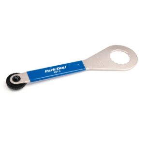 A long handled, double ended Park Tool BB & Lockring Tool (BBT-9) is shown with a flared head for fitting 16-notch tool fittings