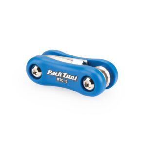 A small Park Tool Multi-Tool MTC-10 is shown with a blue moulded plastic body & the shiny silver tool heads hidden inside