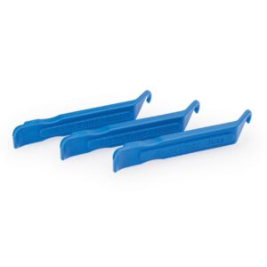 A three piece Park Tool Tyre Lever Set is shown with the individual blue levers lined up adjacent to each other
