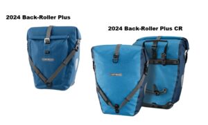 A single blue Ortlieb pannier is shown next to a set of blue Ortlieb panniers with slightly different designs with their name's written above them to show the changes in the product