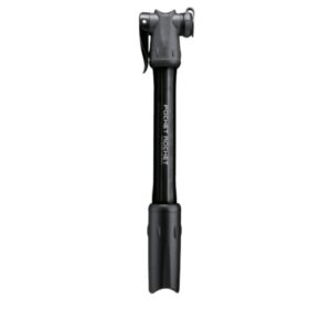 A Topeak Pocket Rocket mini hand pump is shown in black alloy finish and with a plastic lever head in grey